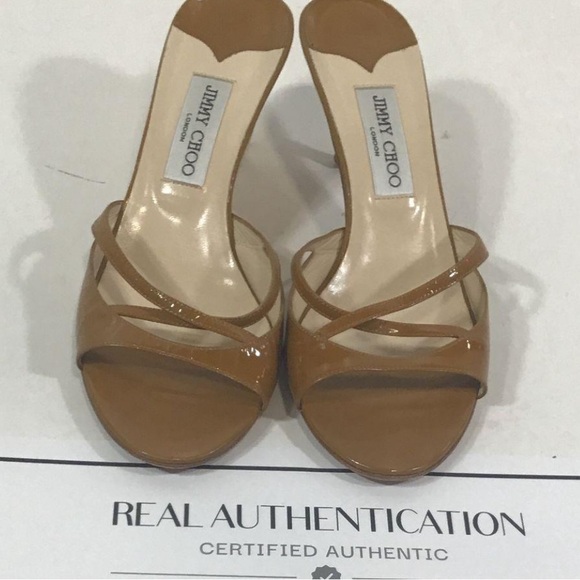 Jimmy Choo Tan Patent Leather Women's Slide Sandals Size 39.5 - Picture 1 of 6